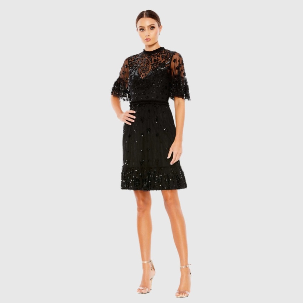 Mac Duggal Black Sequin Illusion High Neck Cocktail Dress Size 8